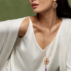 The Met Store Turkish Amethyst Long Pendant Necklace and Statement Earrings Set
